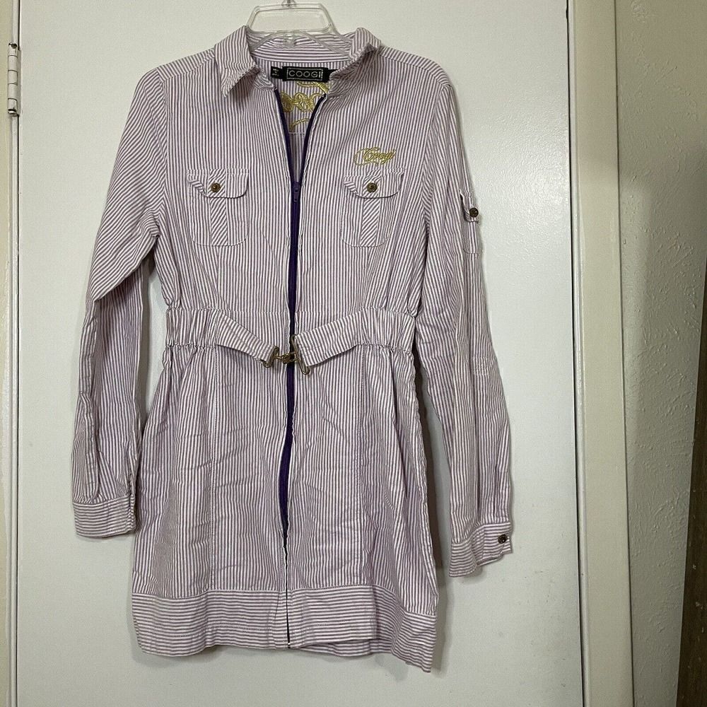 COOGI vintage purple striped cotton full zip long sleeve belted dress size XL